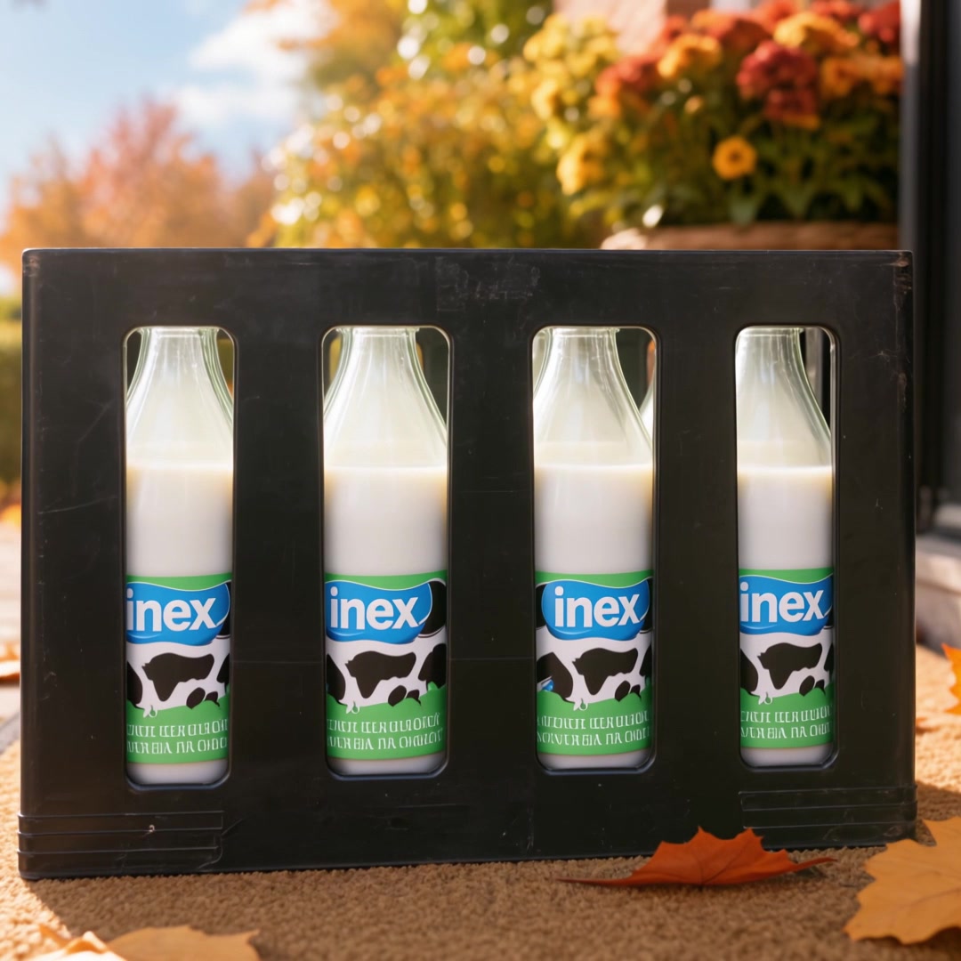 Koerier met zwart Inex-melkkrat